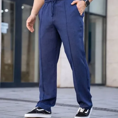 Muške tamnoplave udobne lanene jogger pantalone sa džepovima i šavovima 1