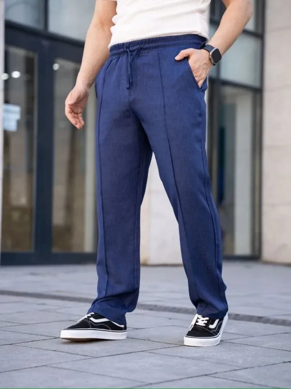 Muške tamnoplave udobne lanene jogger pantalone sa džepovima i šavovima