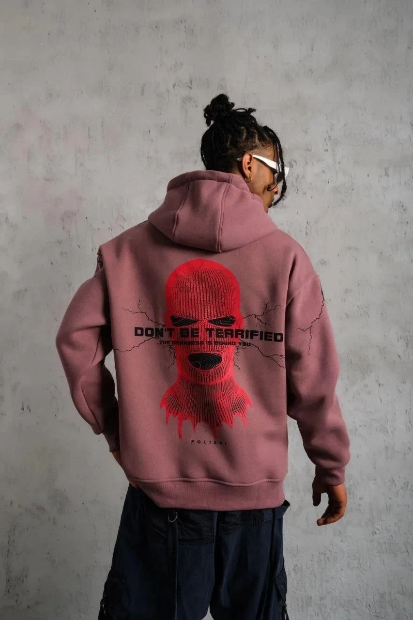 Men's Dusty Rose 3-Thread Cotton Hooded Printed Pocket Sweatshirt
