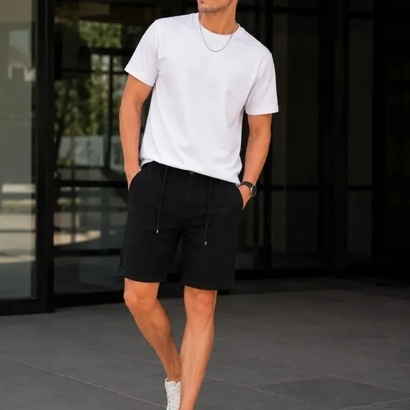 Men's Black Diagonal Fabric Pocketed Drawstring Zippered Shorts