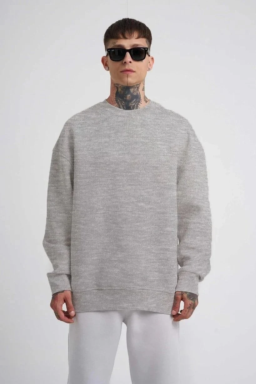 Машки сив oversize дукс со велосипедски деколте, 3-нишки памук