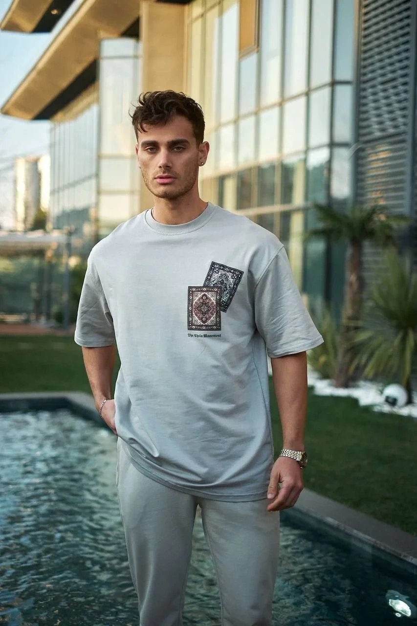 Ανδρικό Γκρι Oversize Ποδήλατο Λαιμός Τυπωμένο Μπλουζάκι