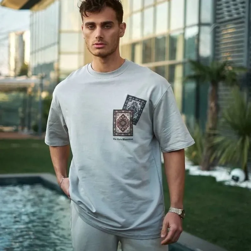 Men's Gray Oversize Bicycle Neck Printed T-Shirt