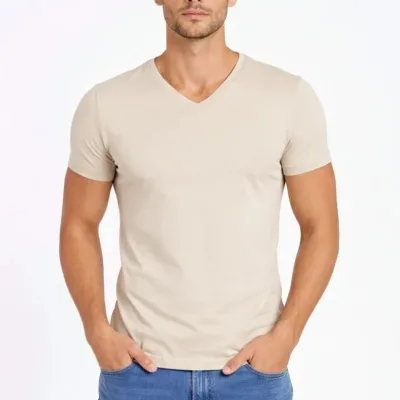 Ανδρικό Πέτρινο Slim Fit V Λαιμόκοψη Με Λύκρα Κοντό Μανίκι Μπλουζάκι 3