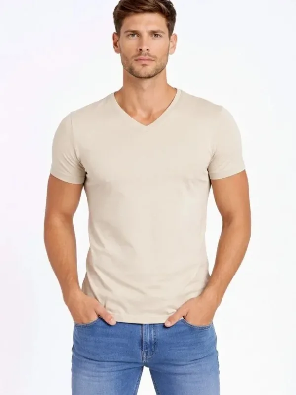 Ανδρικό Πέτρινο Slim Fit V Λαιμόκοψη Με Λύκρα Κοντό Μανίκι Μπλουζάκι 3