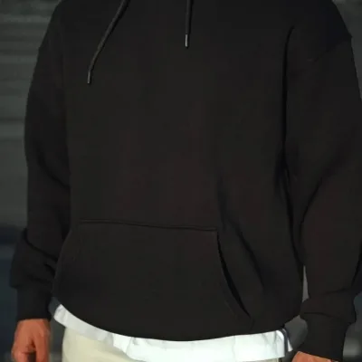 Men's Black 3-Thread Cotton Hooded Basic Sweatshirt 3