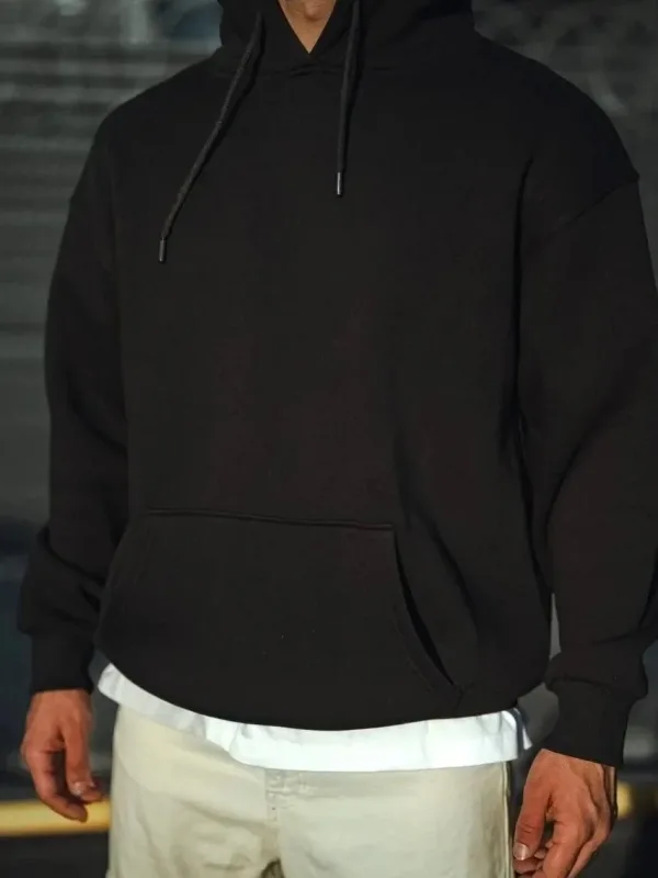 Men's Black 3-Thread Cotton Hooded Basic Sweatshirt 3