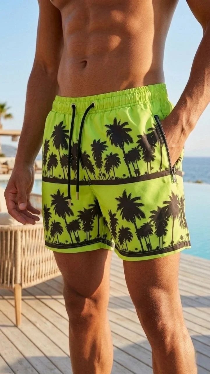 Men's Neon Green Zippered Pocket Mesh Lined Quick Dry Beach Shorts 1