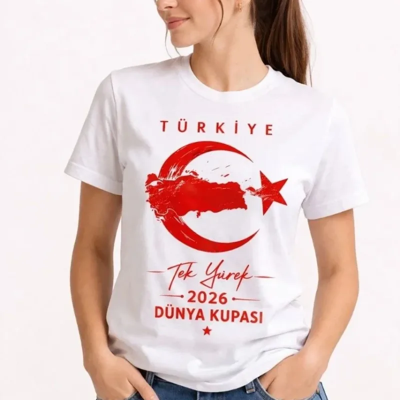 Bluzë Femrash e Bardhë Turqi me Stampë Hënë e Yll për Kupën e Botës, Tifoz