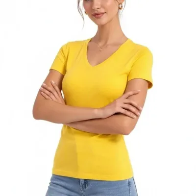 Femeie Tricou Basic Galben Slim Fit cu Guler V, Elastan 2