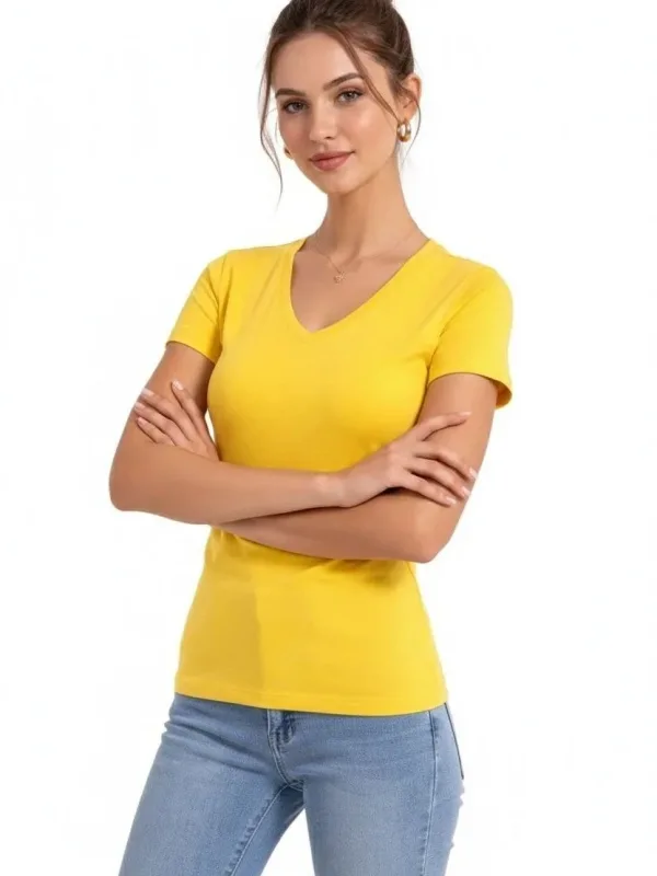 Femeie Tricou Basic Galben Slim Fit cu Guler V, Elastan 2