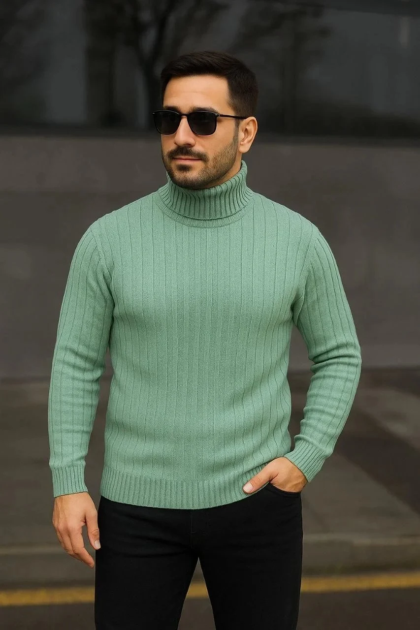 Men's Mint Green Thick Ribbed Full Turtleneck Knit Sweater