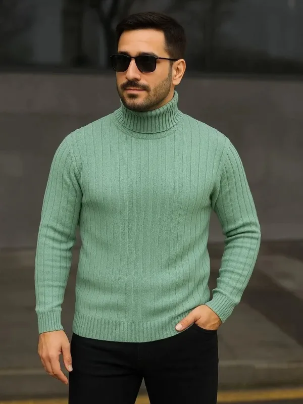 Men's Mint Green Thick Ribbed Full Turtleneck Knit Sweater 1