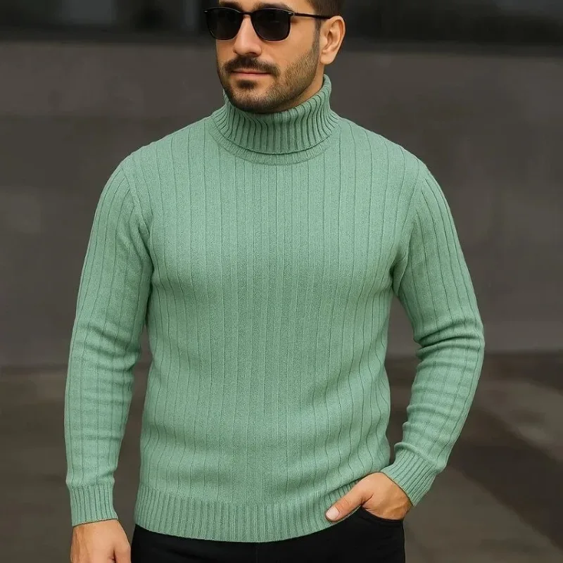 Męski Miętowo Zielony Gruby Prążkowany Golf Sweter