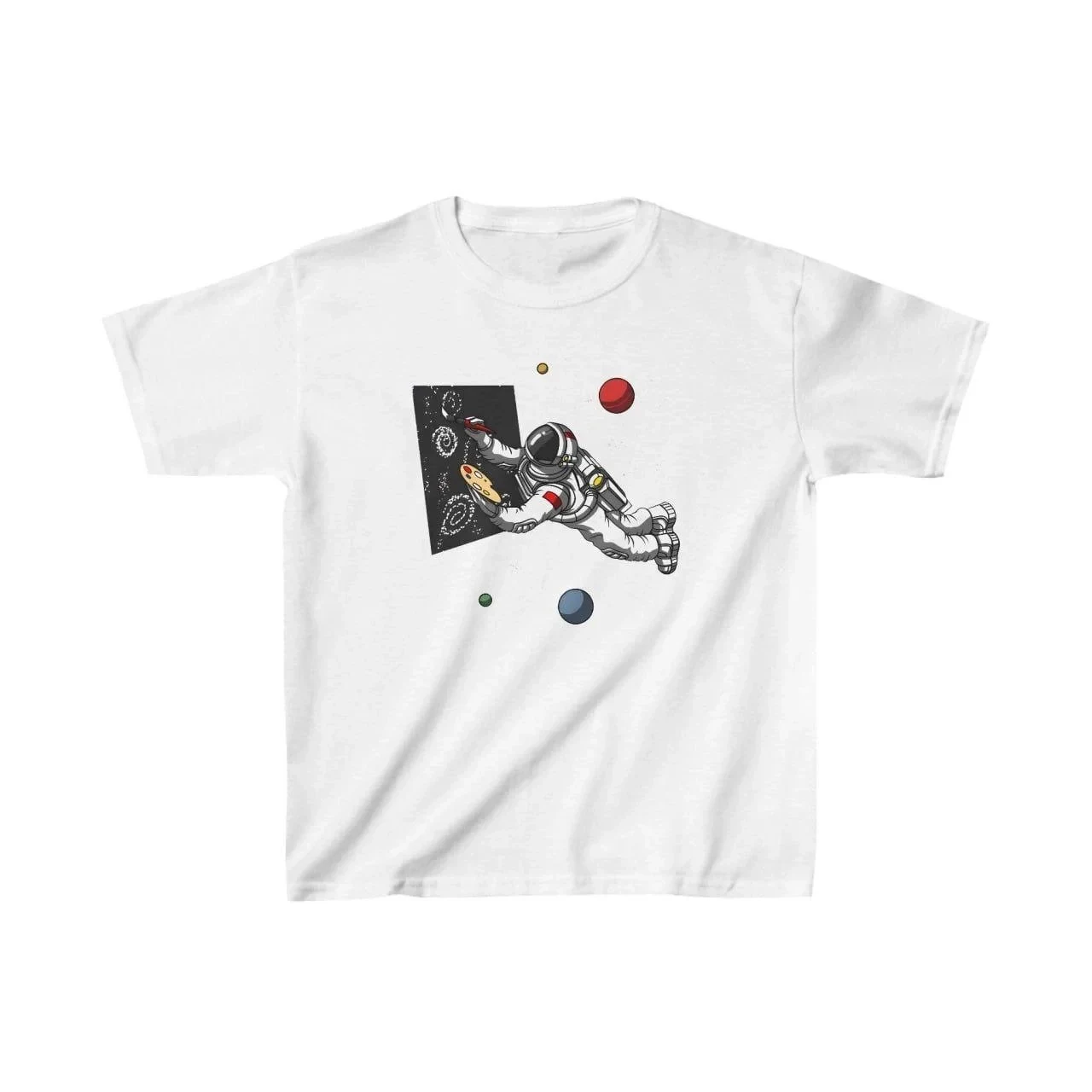 T-shirt dziecięcy biały z nadrukiem oversize dekolt w serek