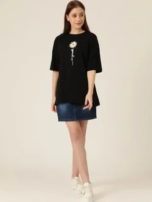 Női Fekete Oversize Kerékpárnyakú Pitypang Nyomott Póló