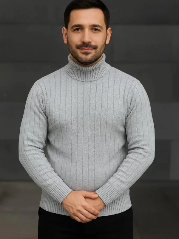 Men's Grey Thick Ribbed Full Turtleneck Knit Sweater 1