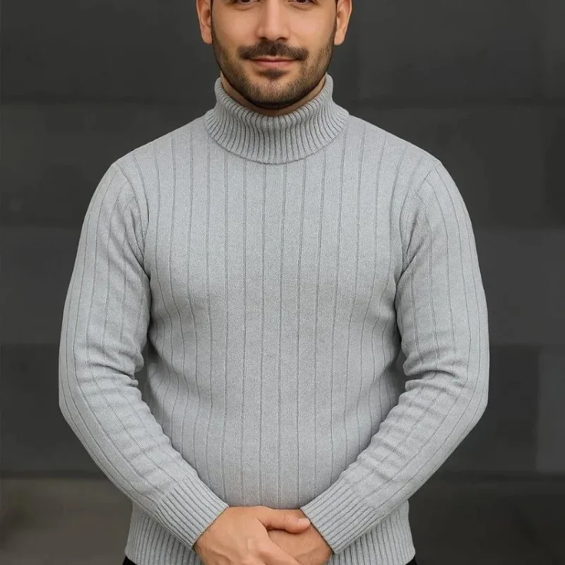Men's Grey Thick Ribbed Full Turtleneck Knit Sweater