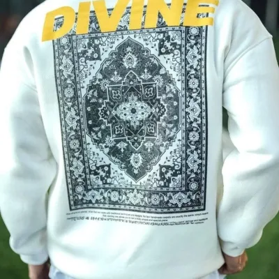 Férfi fehér 3 szálas pamut kerékpáros nyakú nyomott sweatshirt 2