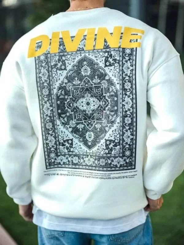 Férfi fehér 3 szálas pamut kerékpáros nyakú nyomott sweatshirt 2