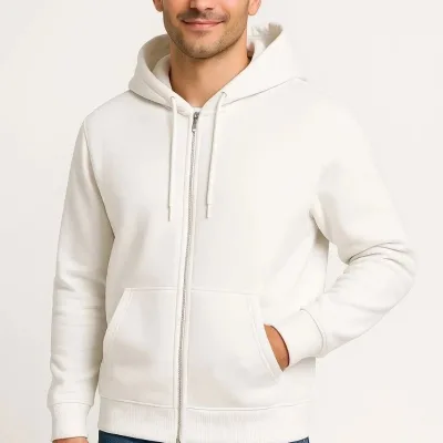 Muška bijela 3 niti pamučna puni patentni zatvarač kapuljača džep sweatshirt 7