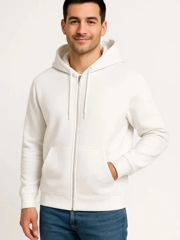 Muška bijela 3 niti pamučna puni patentni zatvarač kapuljača džep sweatshirt 7