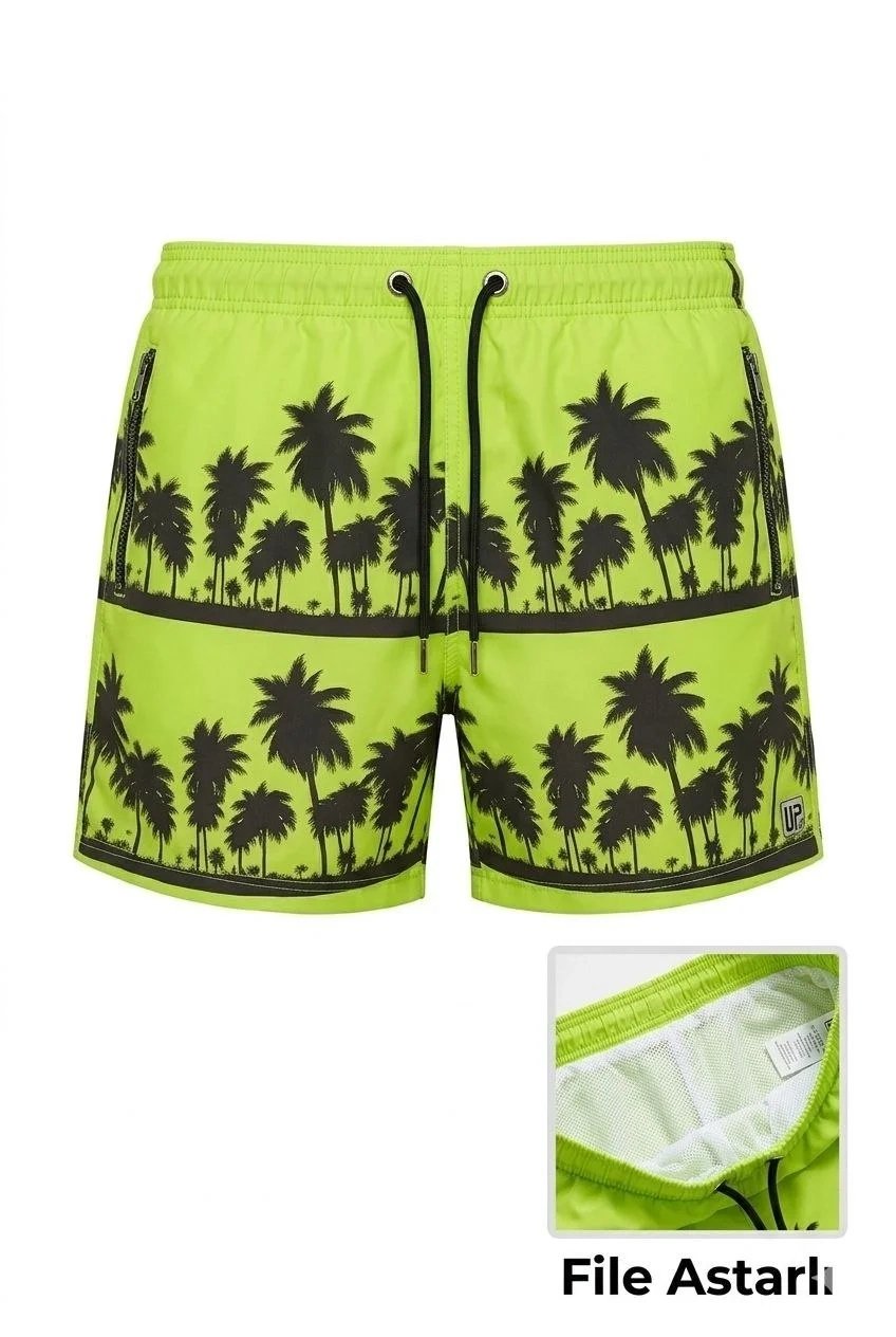 Men's Neon Green Zippered Pocket Mesh Lined Quick Dry Beach Shorts 2
