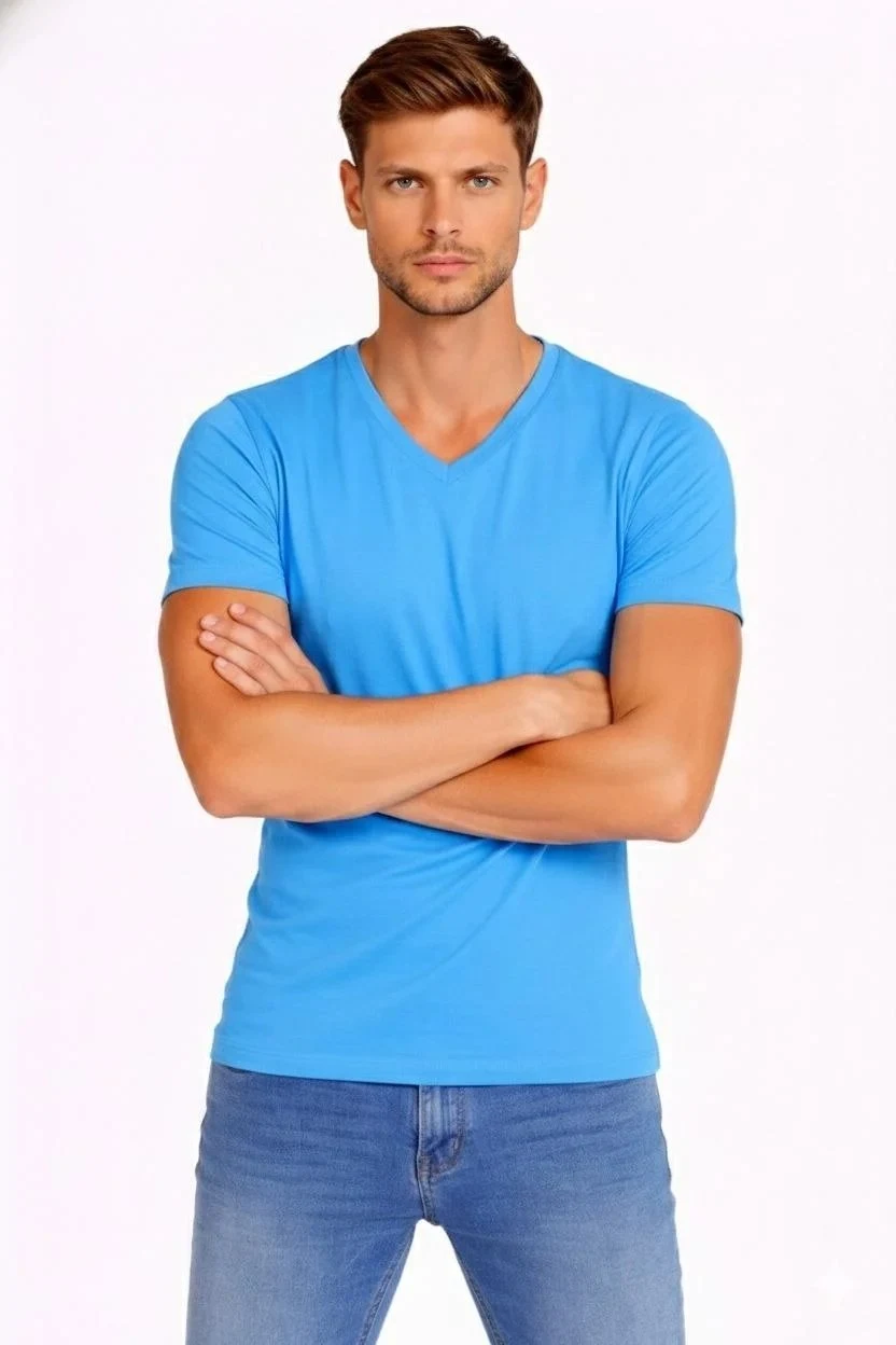Pánsky svetlomodrý slim fit elastický V-výstrih body tričko