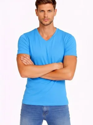 Pánsky svetlomodrý slim fit elastický V-výstrih body tričko