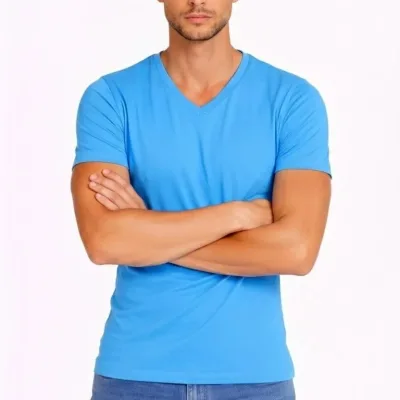 Pánsky svetlomodrý slim fit elastický V-výstrih body tričko 1