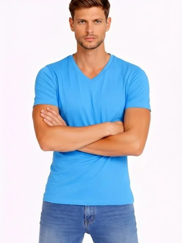 Pánsky svetlomodrý slim fit elastický V-výstrih body tričko 1