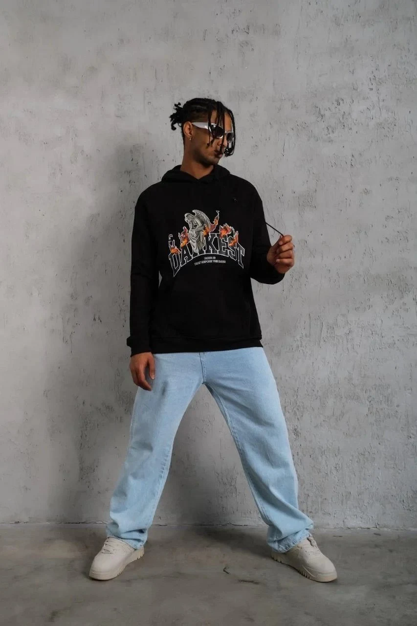 Men's Black Oversize 3-Thread Cotton Hooded Printed Sweatshirt