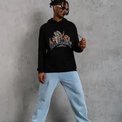 Bărbați Negru Oversize 3 Fire Bumbac Glugă Imprimat Sweatshirt 1