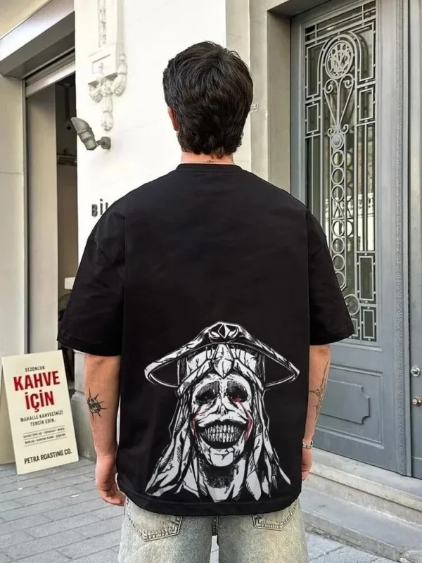 Fekete Oversize Kerékpárnyakú Villám Nyomott Póló 2