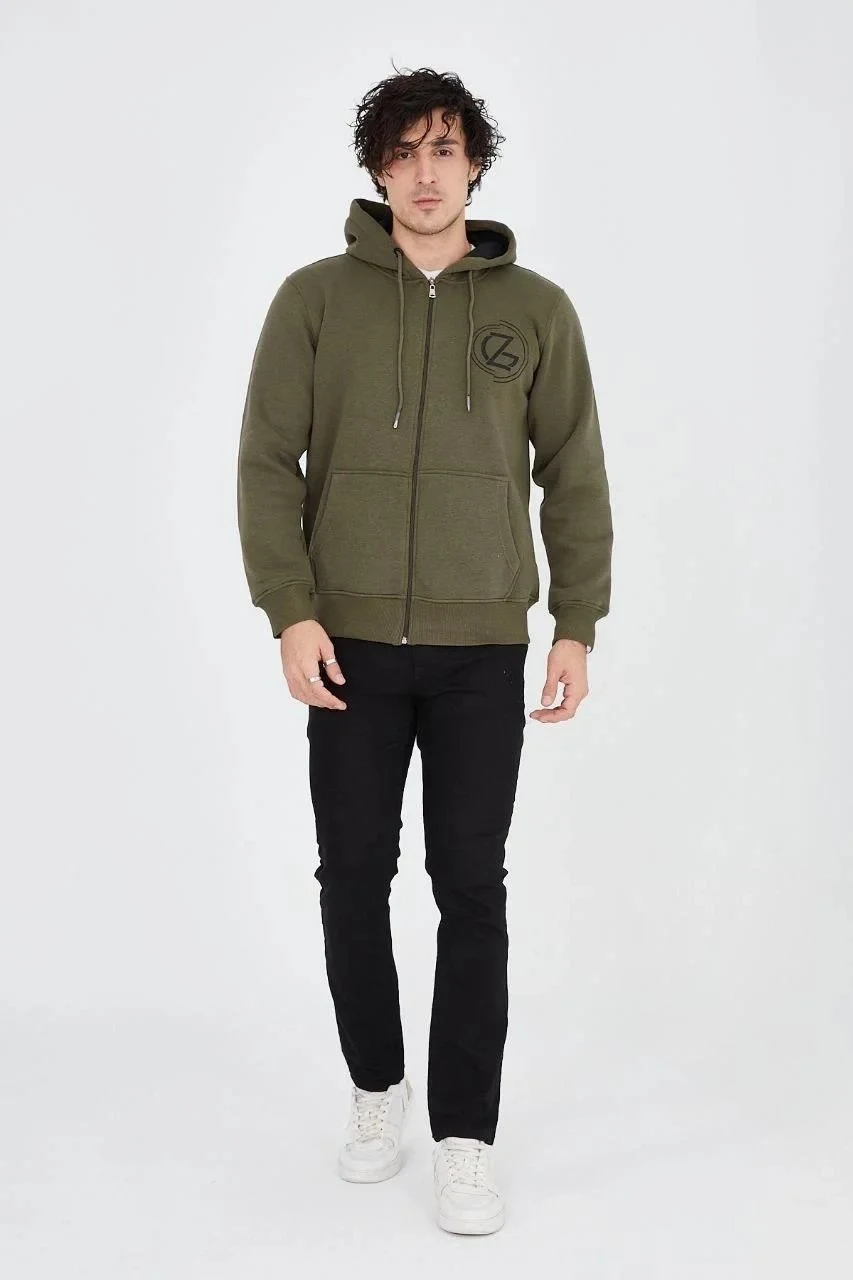 Men's Green 3-Thread Cotton Zippered Hooded Printed Hoodie