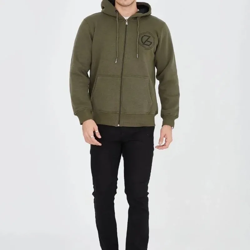 Men's Green 3-Thread Cotton Zippered Hooded Printed Hoodie