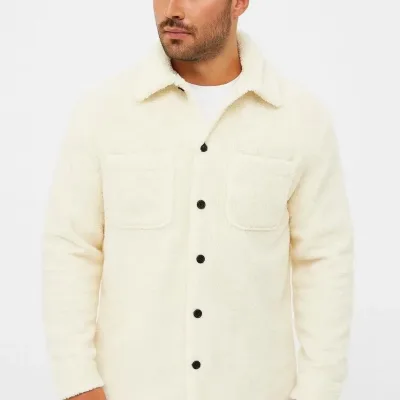 Men's White Shirt Collar Plush Polar Cardigan Buttoned with Pockets 1