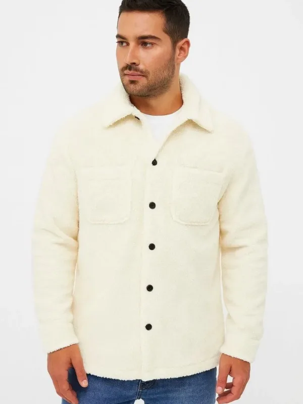 Men's White Shirt Collar Plush Polar Cardigan Buttoned with Pockets 1