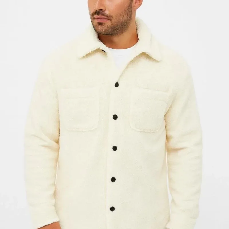 Men's White Shirt Collar Plush Polar Cardigan Buttoned with Pockets
