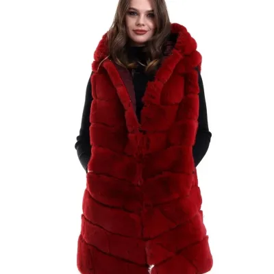 Women's Red Genuine Fur Hooded Vest 4