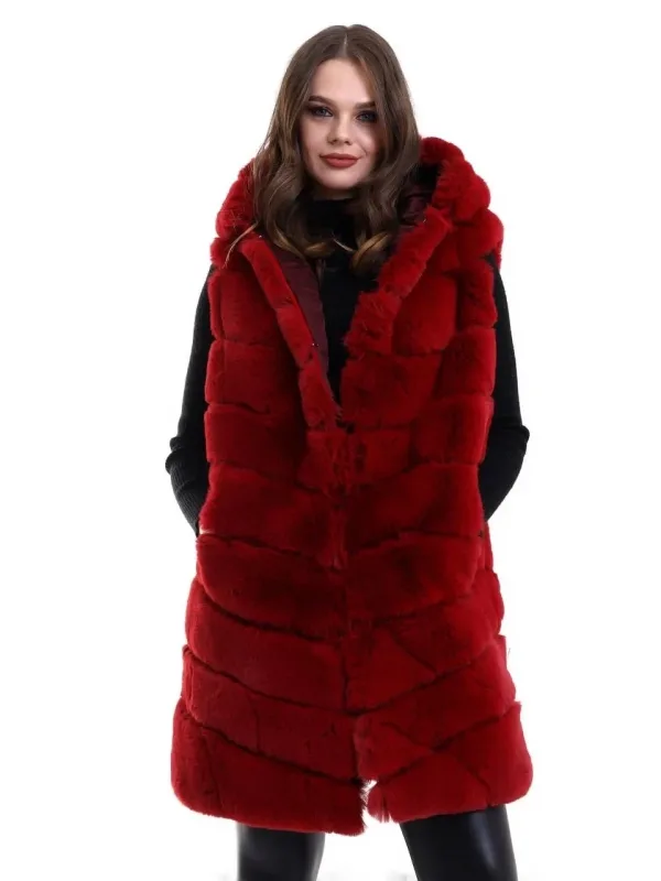 Women's Red Genuine Fur Hooded Vest 4