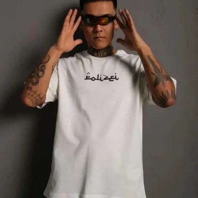 Bărbați Alb Oversize Guler Bicicletă Imprimat Tricou 2