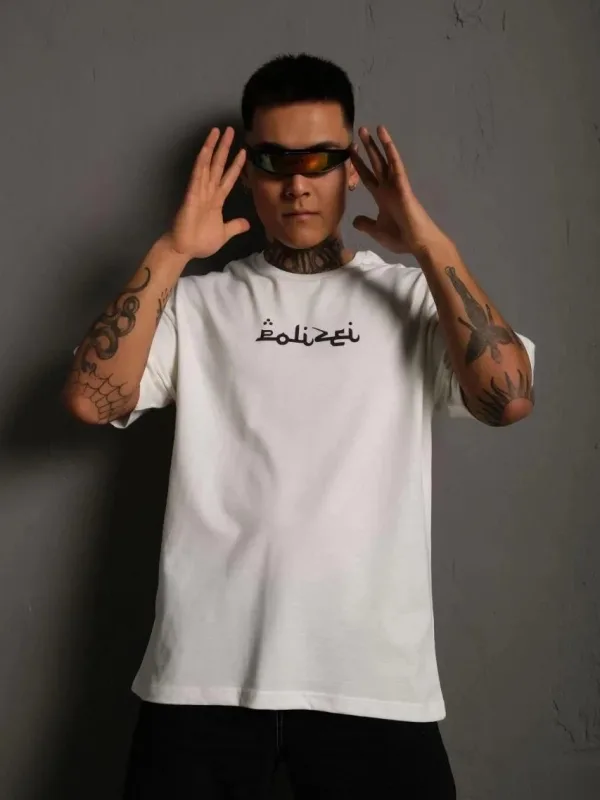 Bărbați Alb Oversize Guler Bicicletă Imprimat Tricou 2