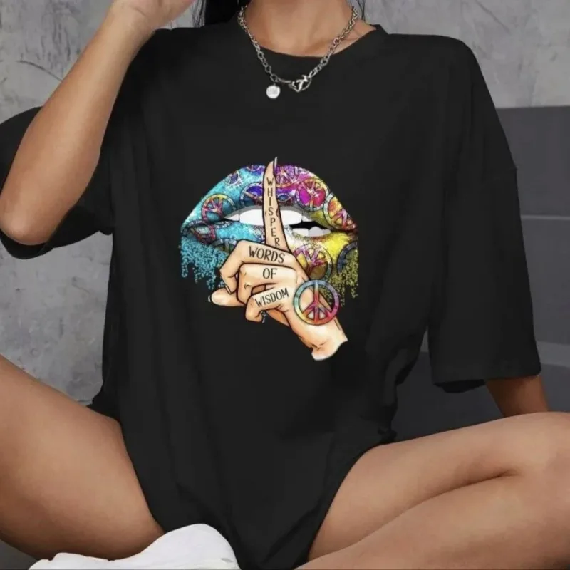 Női Fekete Oversize Kerékpárnyakú Nyomott Póló