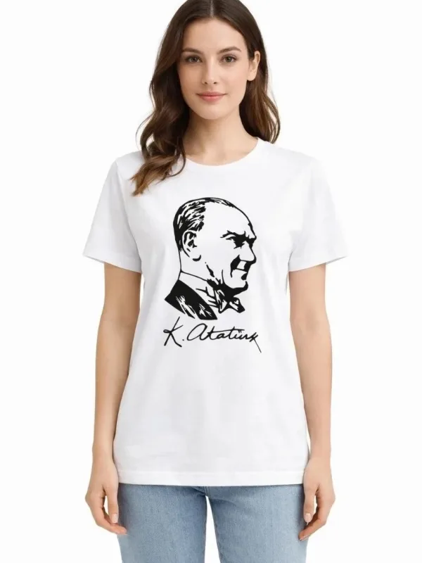 Ženska Bela Bicikli Kragna Ataturk Print Majica 2
