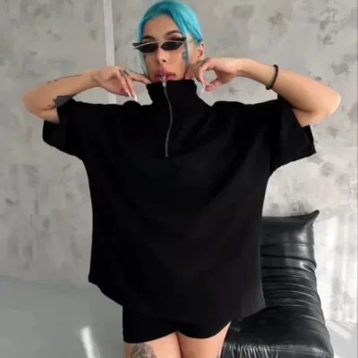 Női Fekete Oversize Félcipzáras Póló 2