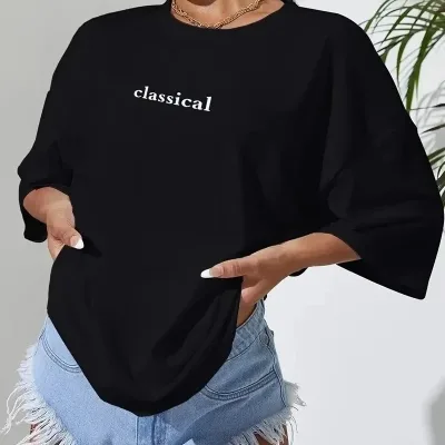 Damski Czarny Penye Nadruk Krótki Rękaw T-shirt 2