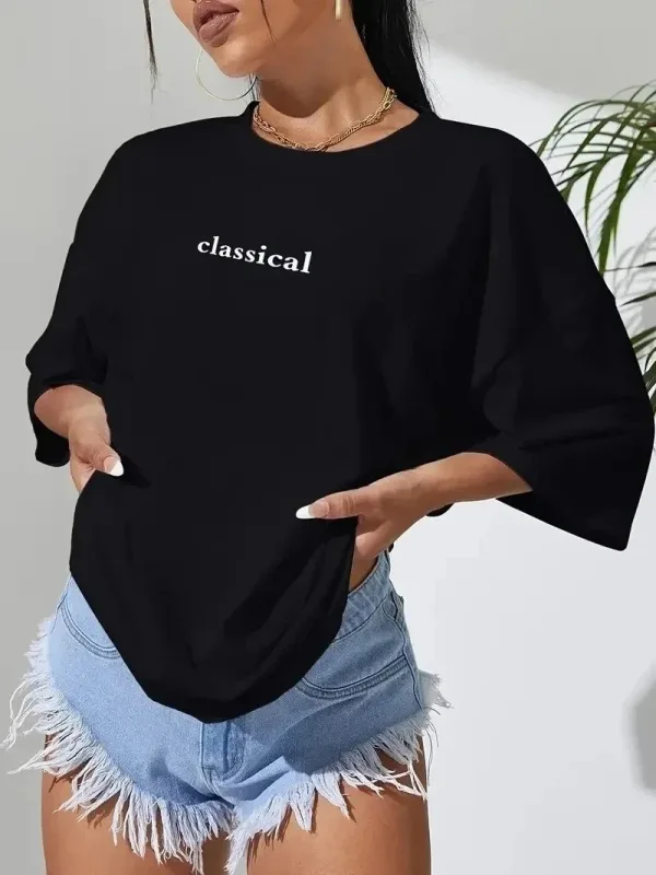 Damski Czarny Penye Nadruk Krótki Rękaw T-shirt 2