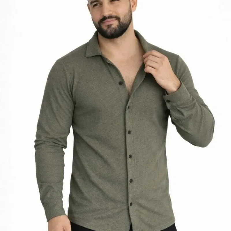 Men's Khaki Regular Fit Waffle Fabric Buttoned Open Collar Shirt