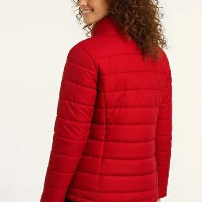 Women's Red Micro Water Repellent Quilted Printed Zippered Bomber Jacket 2
